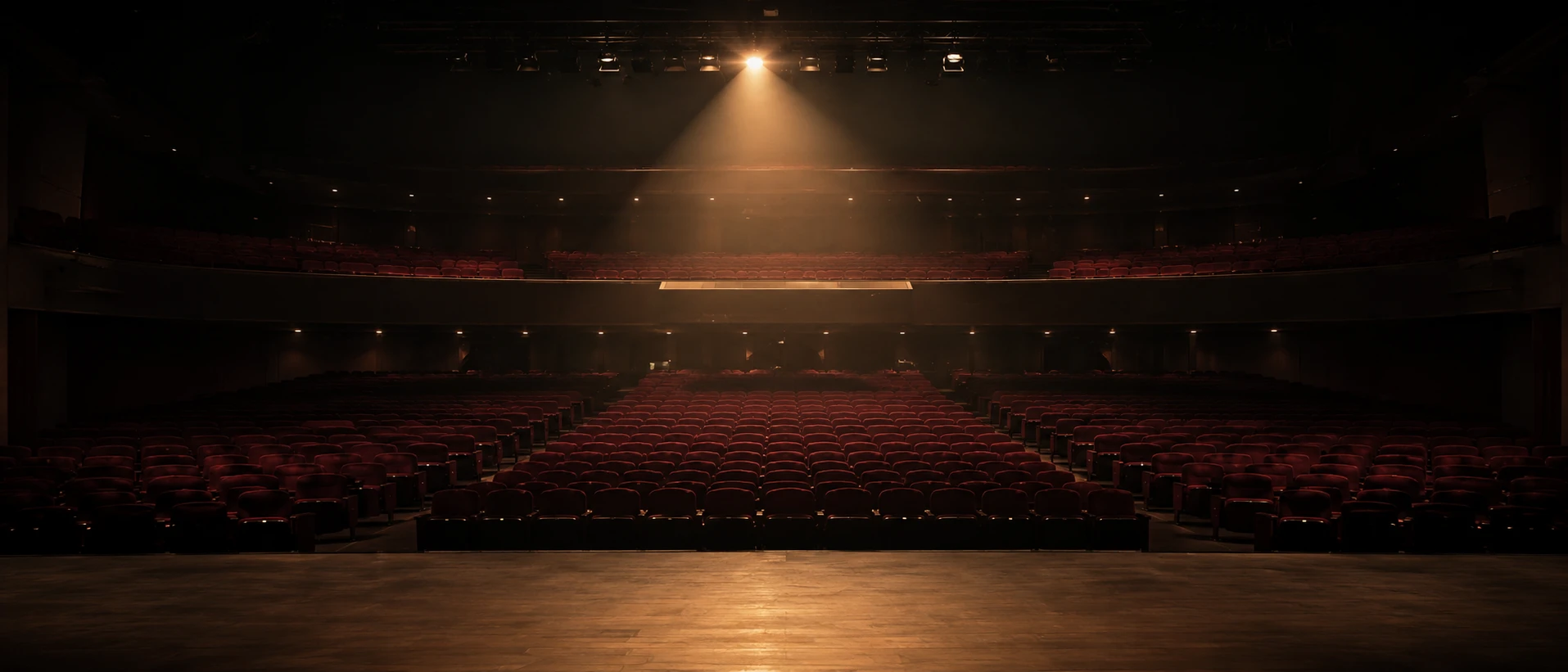 An empty auditorium seen from the stage, rows of red velvet seats under a single spotlight